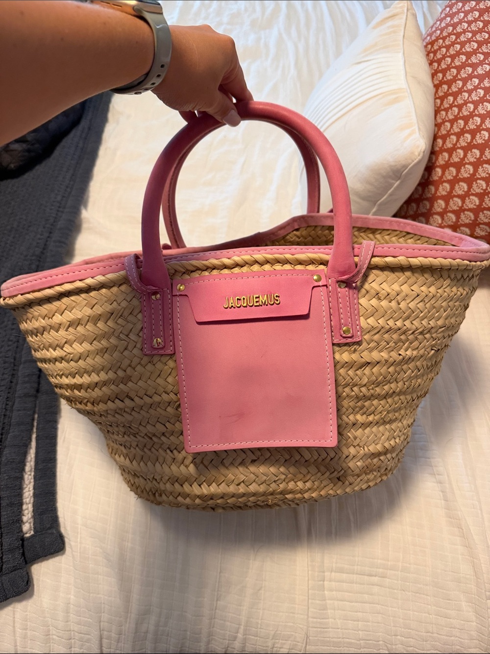 Jacquemus Pink Trim Straw Tote